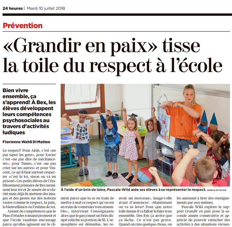 "Grandir en paix" et son impact sur le climat scolaire-24Heures, 10.7.2018